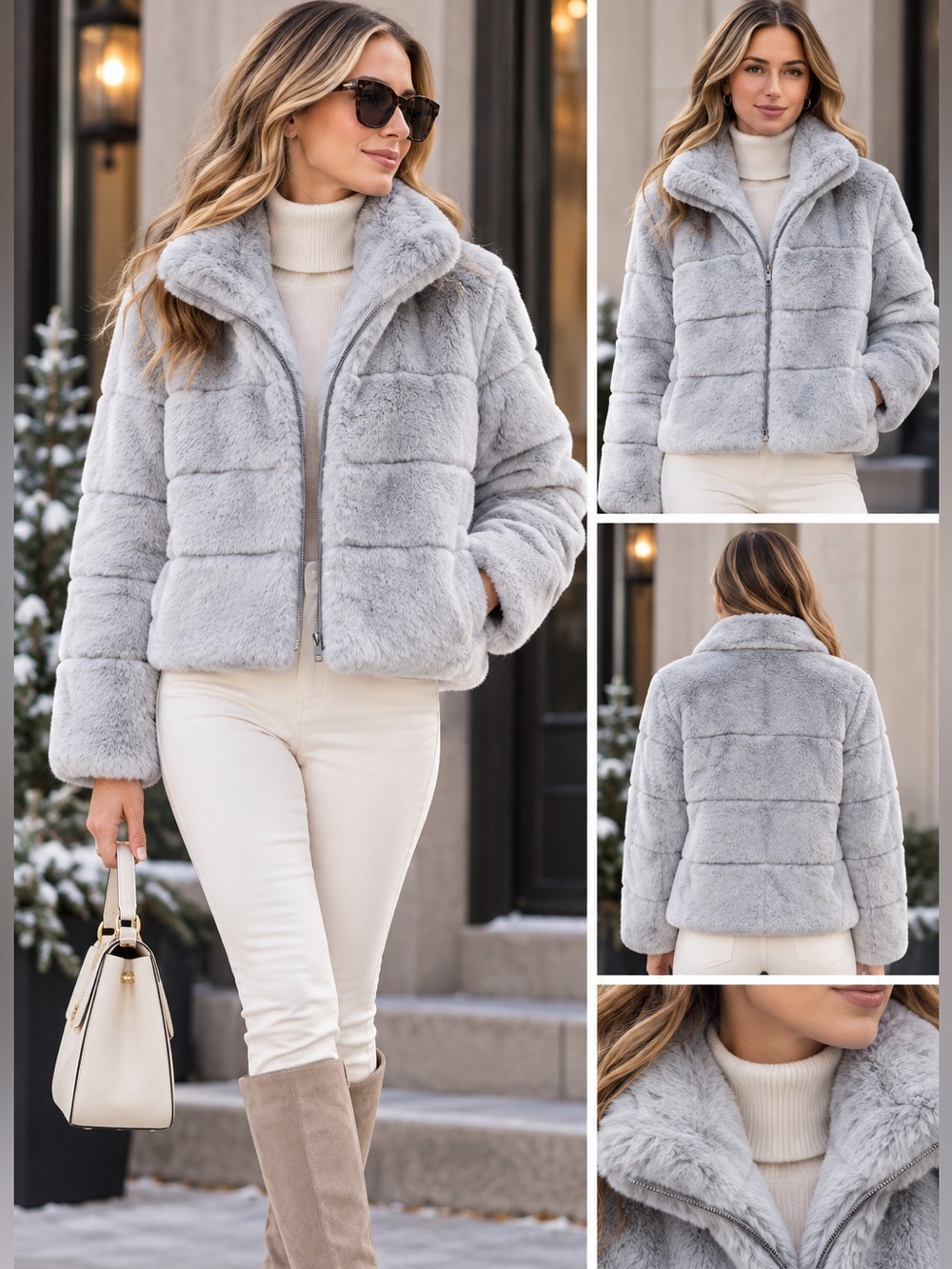 Elie Tahari Pale Grey Faux Fur Jacket | SMALL NWT